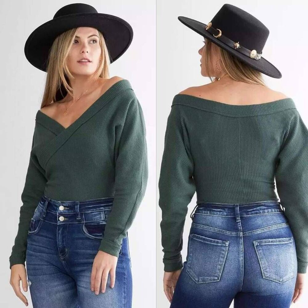 Free People Lovin’ This Feeling Bodysuit Women's Medium Green‎ Knit Wrap Thermal